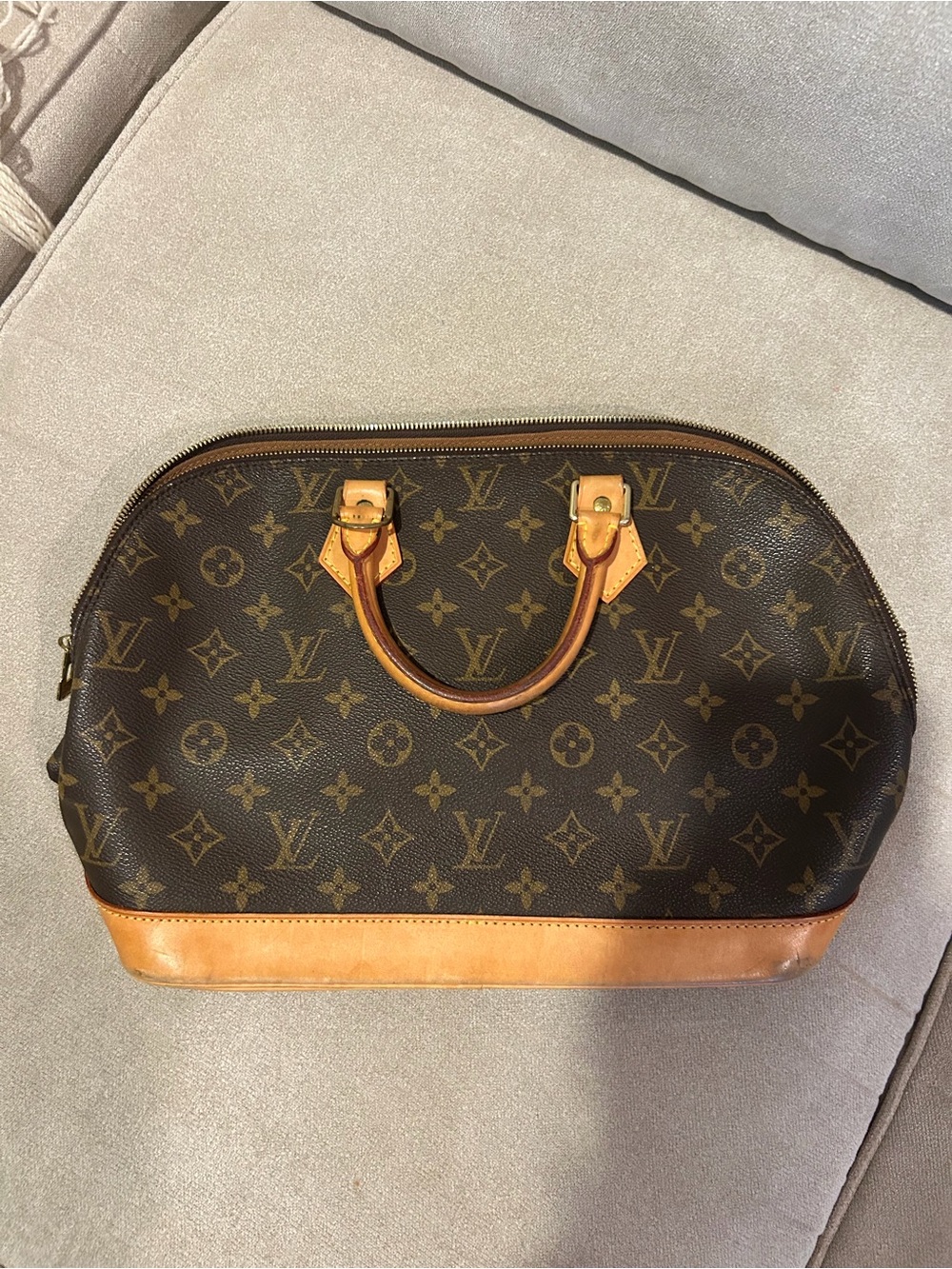 Louis Vuitton Brown Monogram Alma Canvas Satchel with Tan Leather Trim
